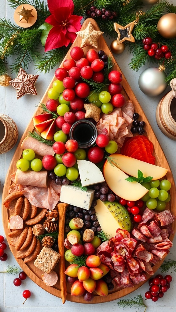 A festive charcuterie board tree with meats, cheeses, fruits, and nuts, decorated for Christmas.